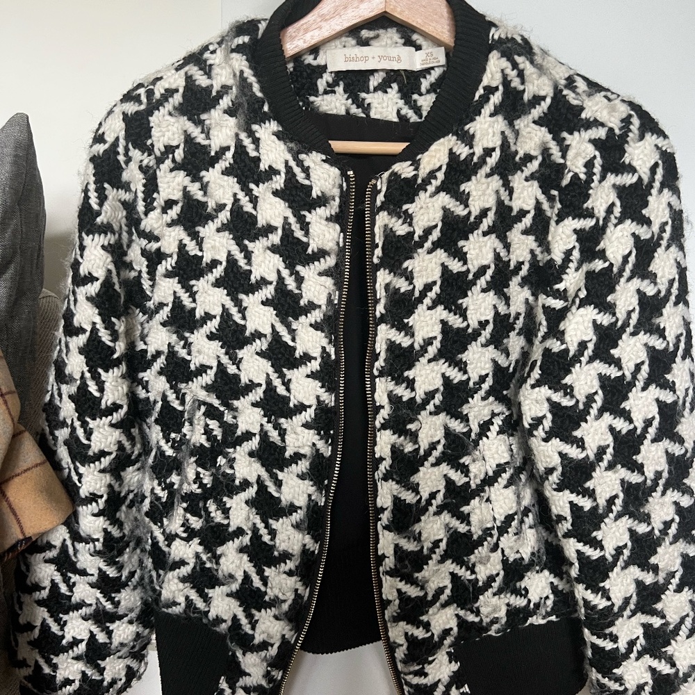 Anthropologie Houndstooth Bomber Jacket Size XS wool